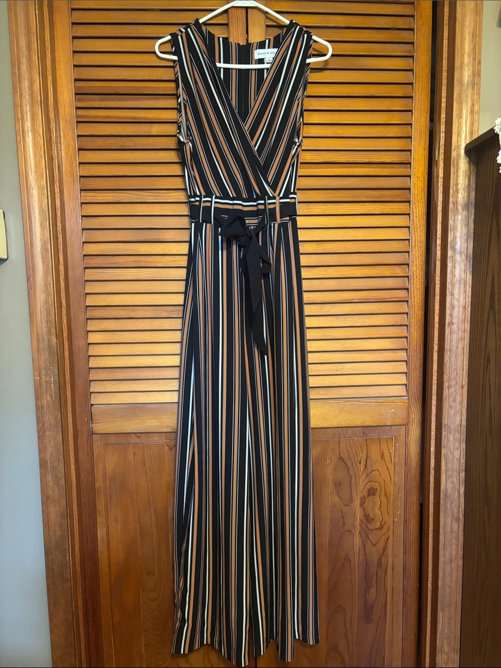 Emma & Michele Black Jumpsuit with orange and Cream Stripes
